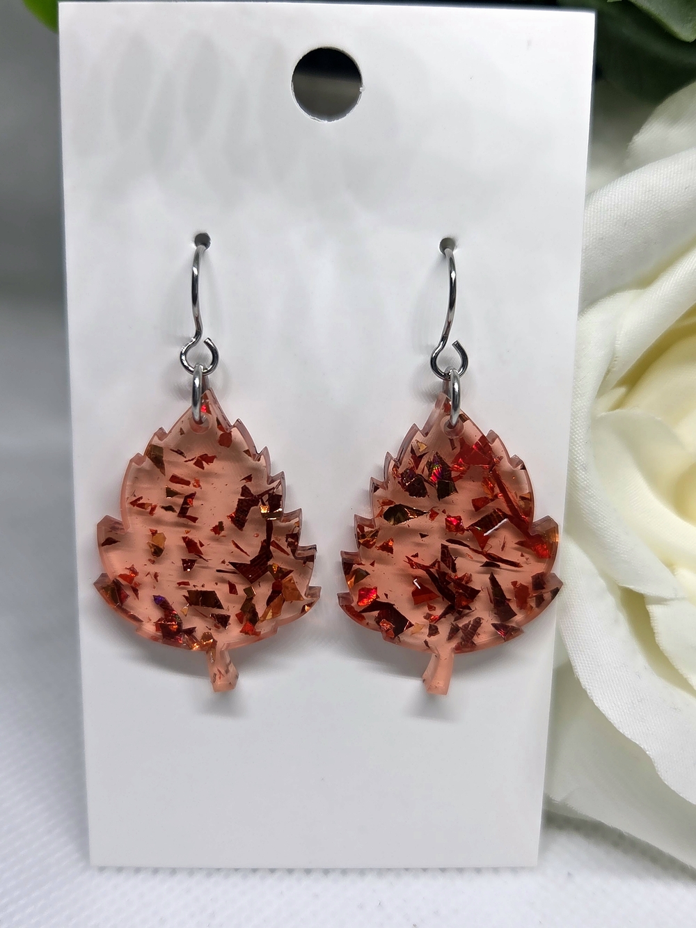 Leaf Dangle Earrings - Orange with Glitter Flakes